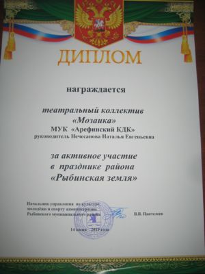 Диплом за активное участие в Празднике Рыбинская Земля